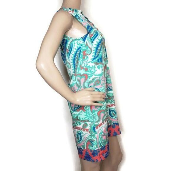 Tracy Negoshian XS Sleeveless Colorful Paisley Print Shift Dress Gold Buttons - Picture 11 of 12